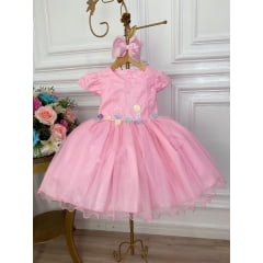 Vestido Infantil Rosa C/ Aplique de Flores Glitter Pérolas