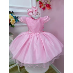 Vestido Infantil Rosa C/ Aplique Flores Borboletas e Renda