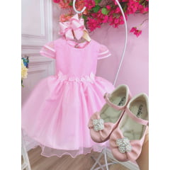 Vestido Infantil Rosa C/ Aplique Flores Borboletas e Renda