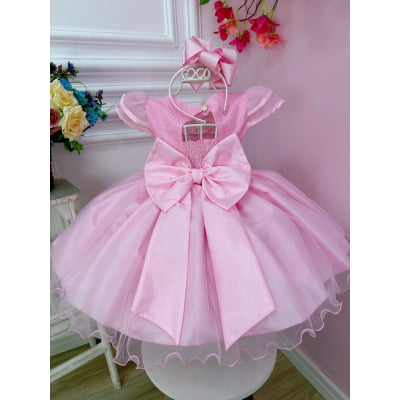 Vestido Infantil Rosa C/ Aplique Flores Borboletas e Renda
