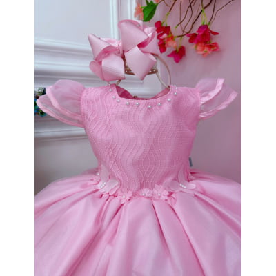 Vestido Infantil Rosa C/ Aplique Flores Borboletas e Renda