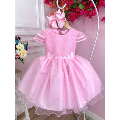 Vestido Infantil Rosa C/ Aplique Flores Borboletas e Renda