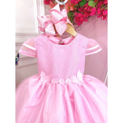 Vestido Infantil Rosa C/ Aplique Flores Borboletas e Renda
