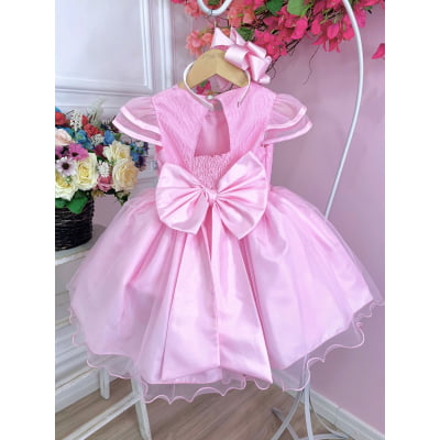 Vestido Infantil Rosa C/ Aplique Flores Borboletas e Renda