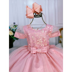 Vestido Infantil Rosa Chá Com Renda e Pérolas Luxo