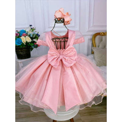 Vestido Infantil Rosa Chá Com Renda e Pérolas Luxo
