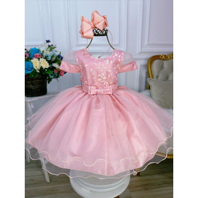 Vestido Infantil Rosa Chá Com Renda e Pérolas Luxo