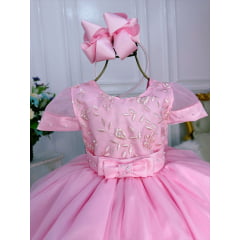 Vestido Infantil Rosa Com Renda e Pérolas Luxo