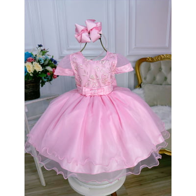 Vestido Infantil Rosa Com Renda e Pérolas Luxo
