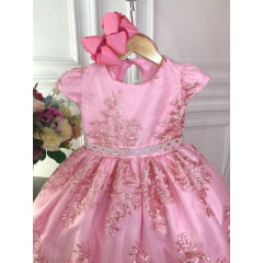 Vestido Infantil Rosa Com Renda Realeza e Cinto Pérolas