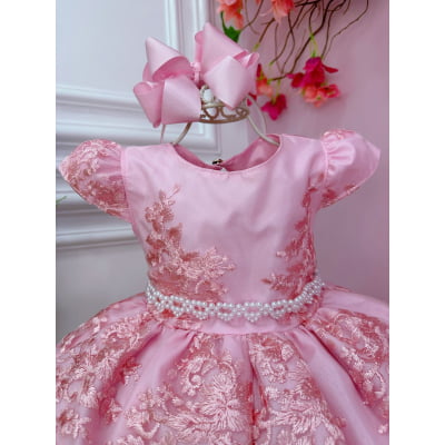 Vestido Infantil Rosa Com Renda Realeza e Cinto Pérolas