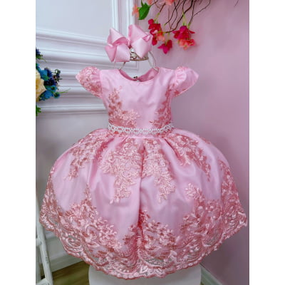 Vestido Infantil Rosa Com Renda Realeza e Cinto Pérolas