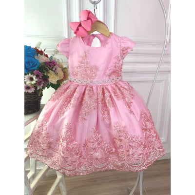 Vestido Infantil Rosa Com Renda Realeza e Cinto Pérolas