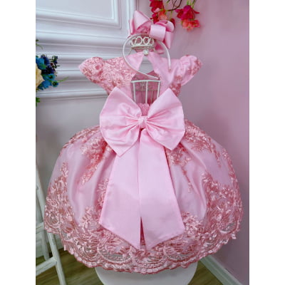 Vestido Infantil Rosa Com Renda Realeza e Cinto Pérolas