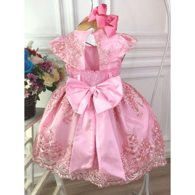 Vestido Infantil Rosa Com Renda Realeza e Cinto Pérolas