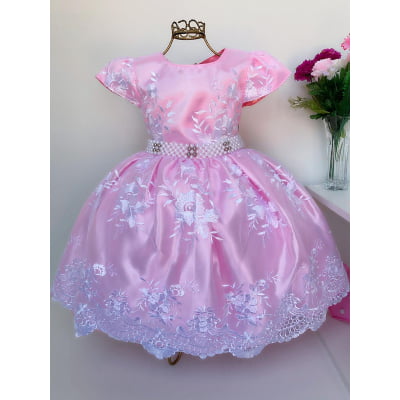 Vestido Infantil Rosa Dama de Honra Renda Branca Aniversário
