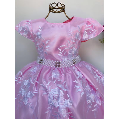 Vestido Infantil Rosa Dama de Honra Renda Branca Aniversário