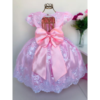 Vestido Infantil Rosa Dama de Honra Renda Branca Aniversário
