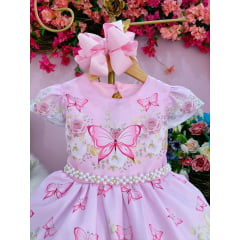 Vestido Infantil Rosa Jardim das Borboletas Strass Pérolas