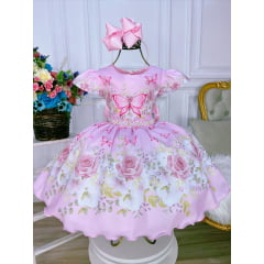 Vestido Infantil Rosa Jardim das Borboletas Strass Pérolas