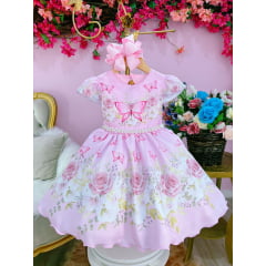 Vestido Infantil Rosa Jardim das Borboletas Strass Pérolas