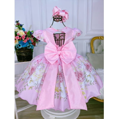 Vestido Infantil Rosa Jardim das Borboletas Strass Pérolas