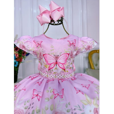 Vestido Infantil Rosa Jardim das Borboletas Strass Pérolas