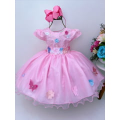Vestido Infantil Rosa Renda Aplique Flores Borboletas Perolas