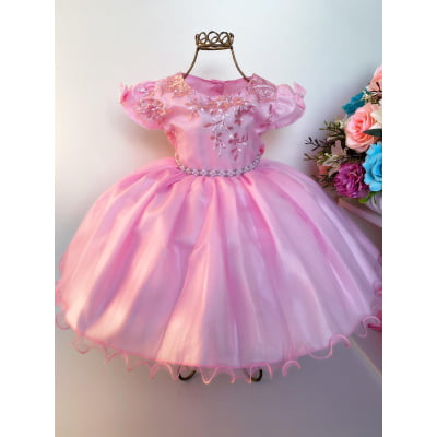 Vestido Infantil Rosa Renda e Voal Luxo Festas