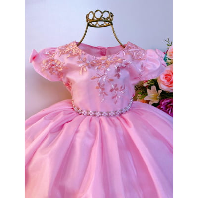 Vestido Infantil Rosa Renda e Voal Luxo Festas