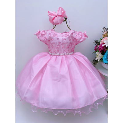 Vestido Infantil Rosa Renda e Voal Luxo Festas