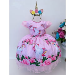Vestido Infantil Rosa Unicórnio Rosas Luxo Princesas