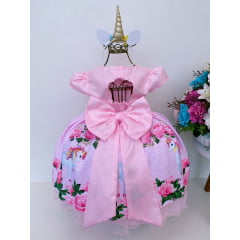 Vestido Infantil Rosa Unicórnio Rosas Luxo Princesas
