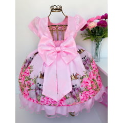 Vestido Infantil Rosa Urso Floral Luxo Princesa Festas