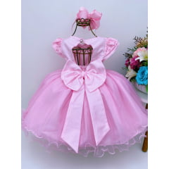 Vestido Infantil Rosa Voal Busto Renda Brilho Cinto Pérolas