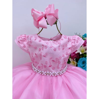 Vestido Infantil Rosa Voal Busto Renda Brilho Cinto Pérolas