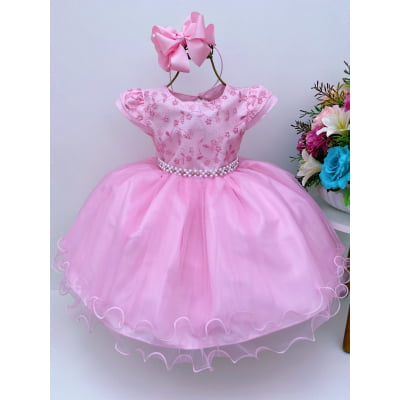 Vestido Infantil Rosa Voal Busto Renda Brilho Cinto Pérolas