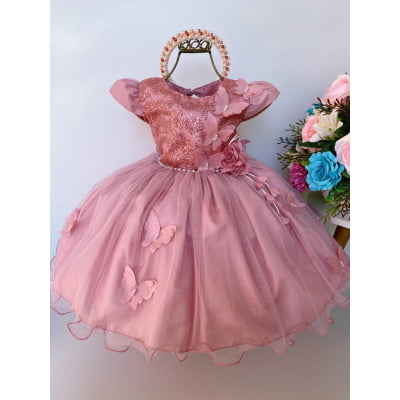 Vestido Infantil Rosê Aplique de Borboletas Flor Brilho Luxo