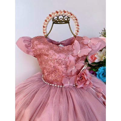 Vestido Infantil Rosê Aplique de Borboletas Flor Brilho Luxo