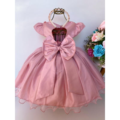 Vestido Infantil Rosê Aplique de Borboletas Flor Brilho Luxo