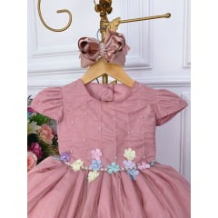 Vestido Infantil Rose C/ Aplique de Flores Glitter Pérolas