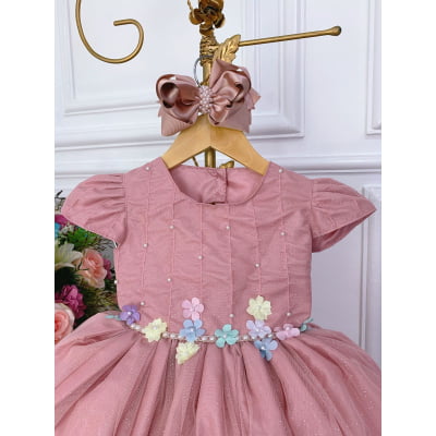 Vestido Infantil Rose C/ Aplique de Flores Glitter Pérolas