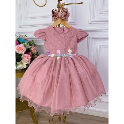 Vestido Infantil Rose C/ Aplique de Flores Glitter Pérolas