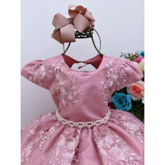 Vestido Infantil Rose C/ Renda Cinto de Pérolas Daminhas