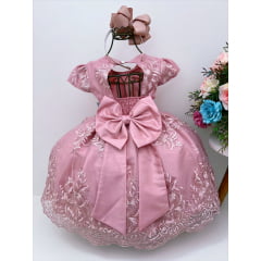Vestido Infantil Rose C/ Renda Cinto de Pérolas Daminhas