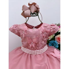Vestido Infantil Rose C/ Renda e Aplique Borboletas Pérolas