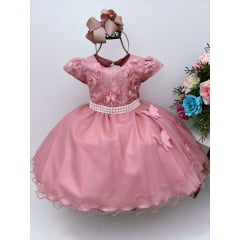 Vestido Infantil Rose C/ Renda e Aplique Borboletas Pérolas