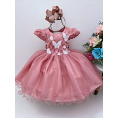 Vestido Infantil Rose C/ Renda e Aplique Flores Borboletas