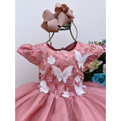 Vestido Infantil Rose C/ Renda e Aplique Flores Borboletas