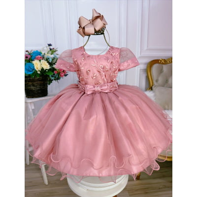 Vestido Infantil Rose Com Renda e Pérolas Luxo